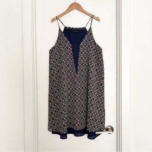 Ezra Print Mini Dress Size S Navy Blue Geometric Straps Trapeze Retro Summer USA